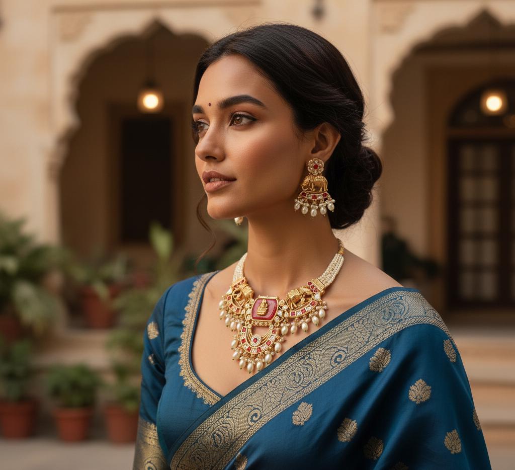Bihari Heritage-Regal Elephant & Emerald Kundan Necklace Set