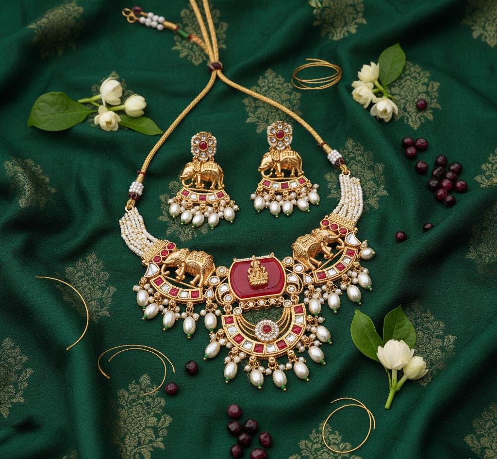 Bihari Heritage-Regal Elephant & Emerald Kundan Necklace Set