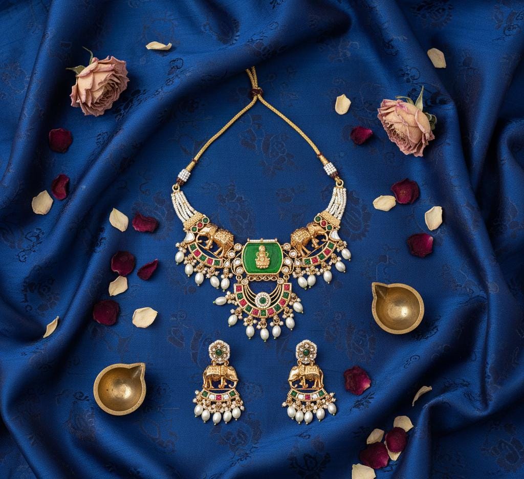 Bihari Heritage-Regal Elephant & Emerald Kundan Necklace Set
