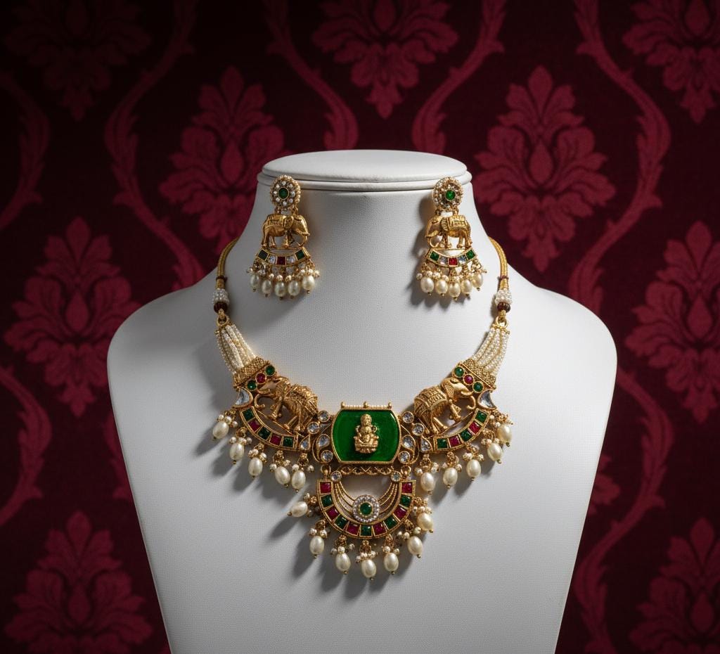 Bihari Heritage-Regal Elephant & Emerald Kundan Necklace Set