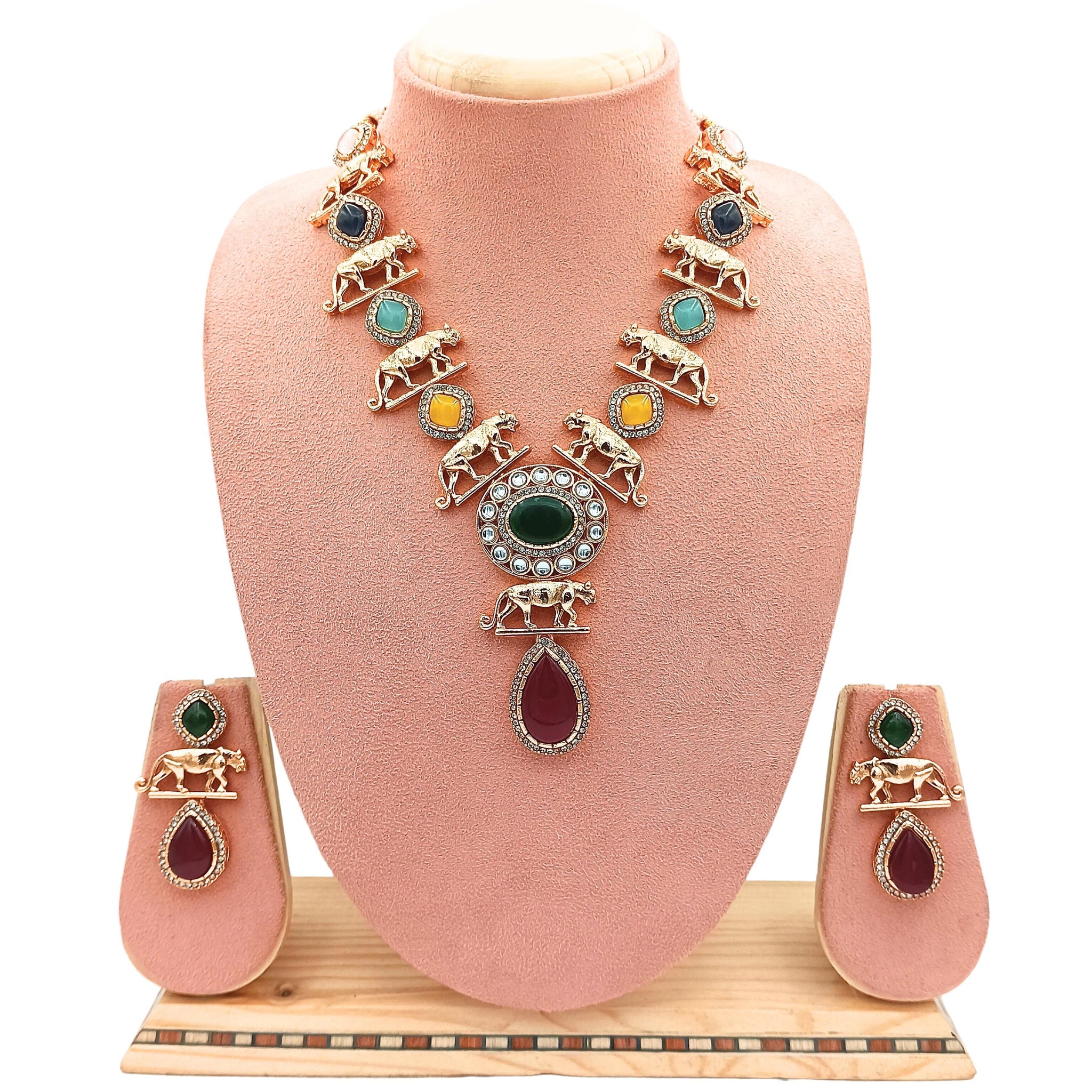 Jaguar Necklace Set: Indo Western Jewelry, Multi-Color Stones