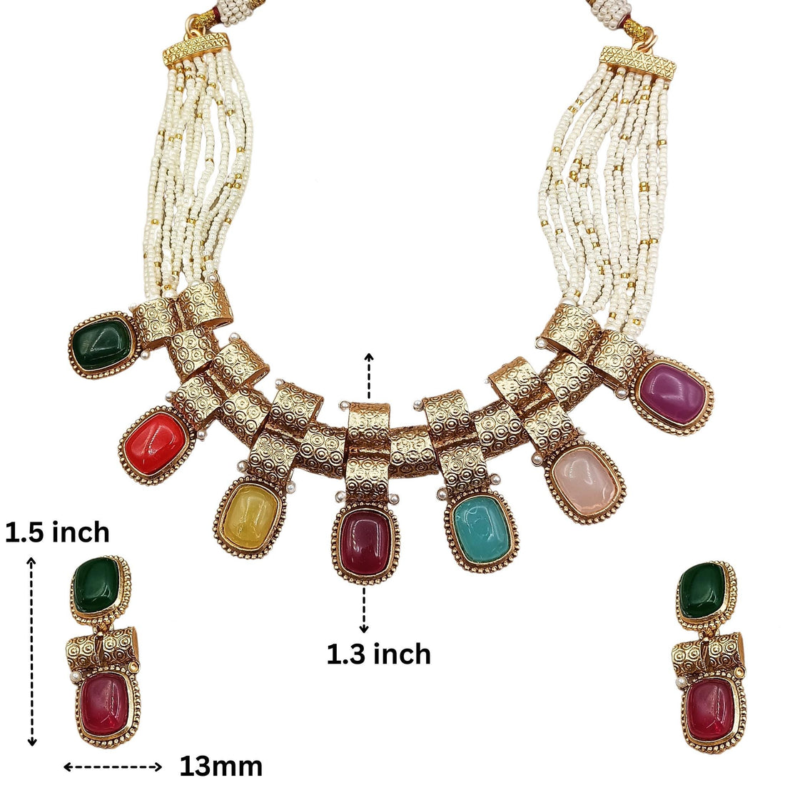 Rajwadi Choker Necklace Set: Gold-Tone, Multicolor Stones & Pearl Accents