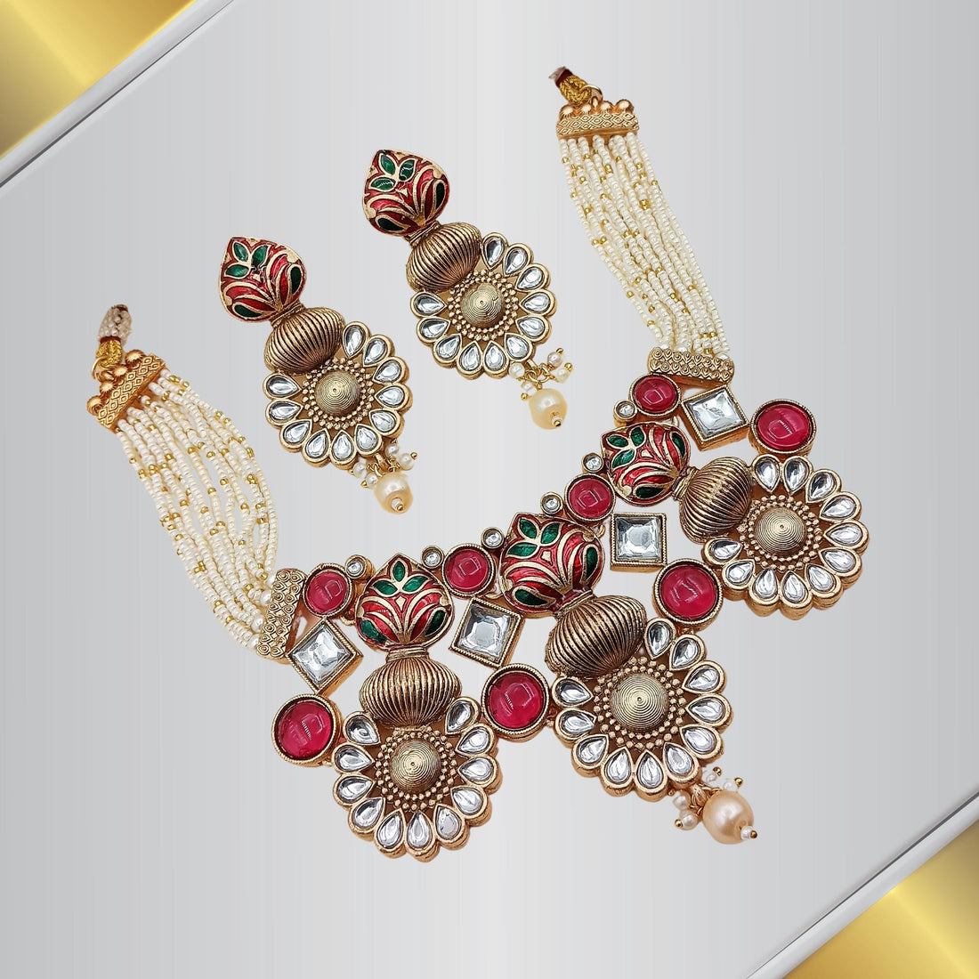 Red Meenakari Choker Set: Rajputi Gold-Plated Hasadi Necklace