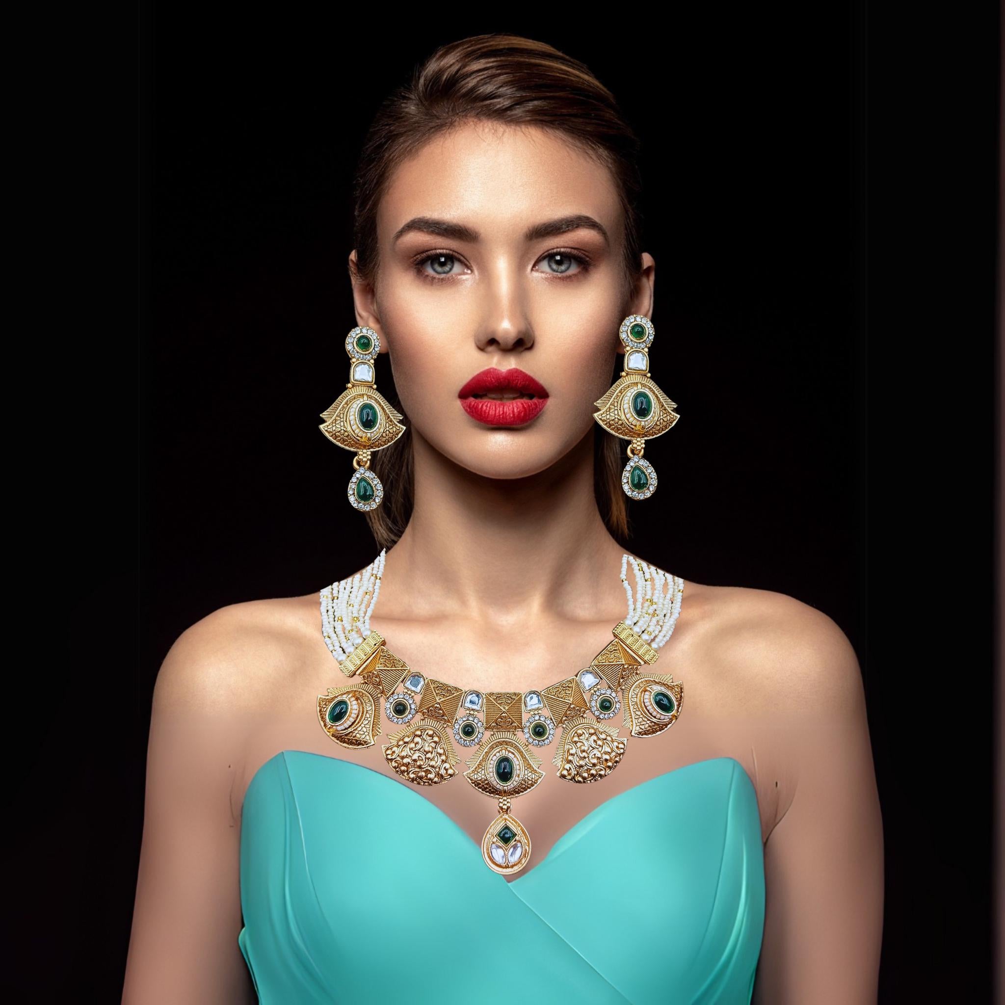 Rajputi Meenakari Necklace Set: Peacock Green Enamel Choker, Earrings