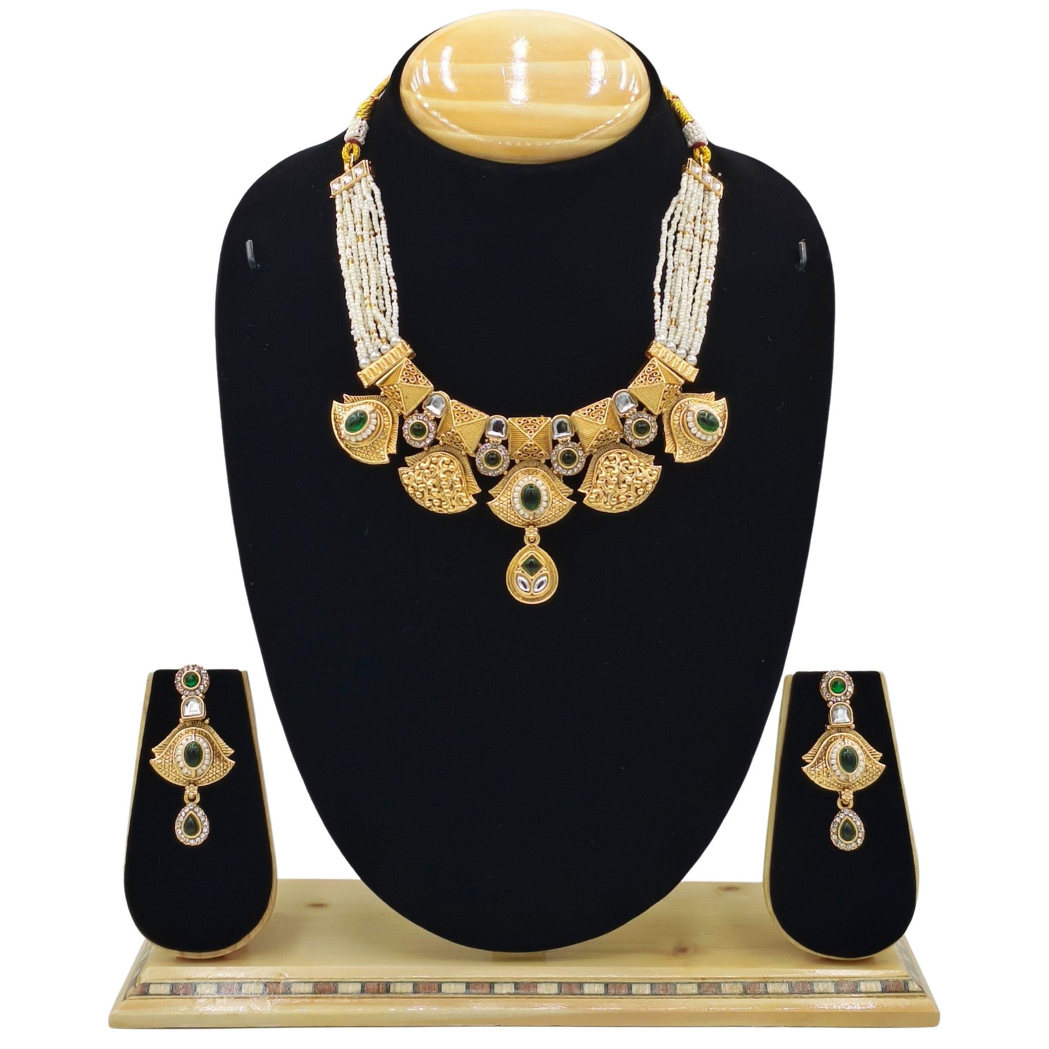 Rajputi Meenakari Necklace Set: Peacock Green Enamel Choker, Earrings