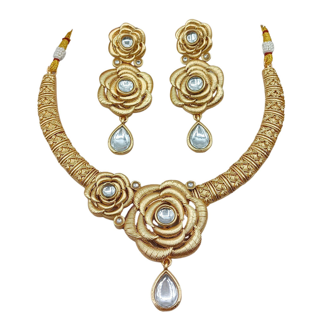 Floral Hasadi Choker Necklace Set: Indian Bridal Jewelry with Green Teardrop Stones