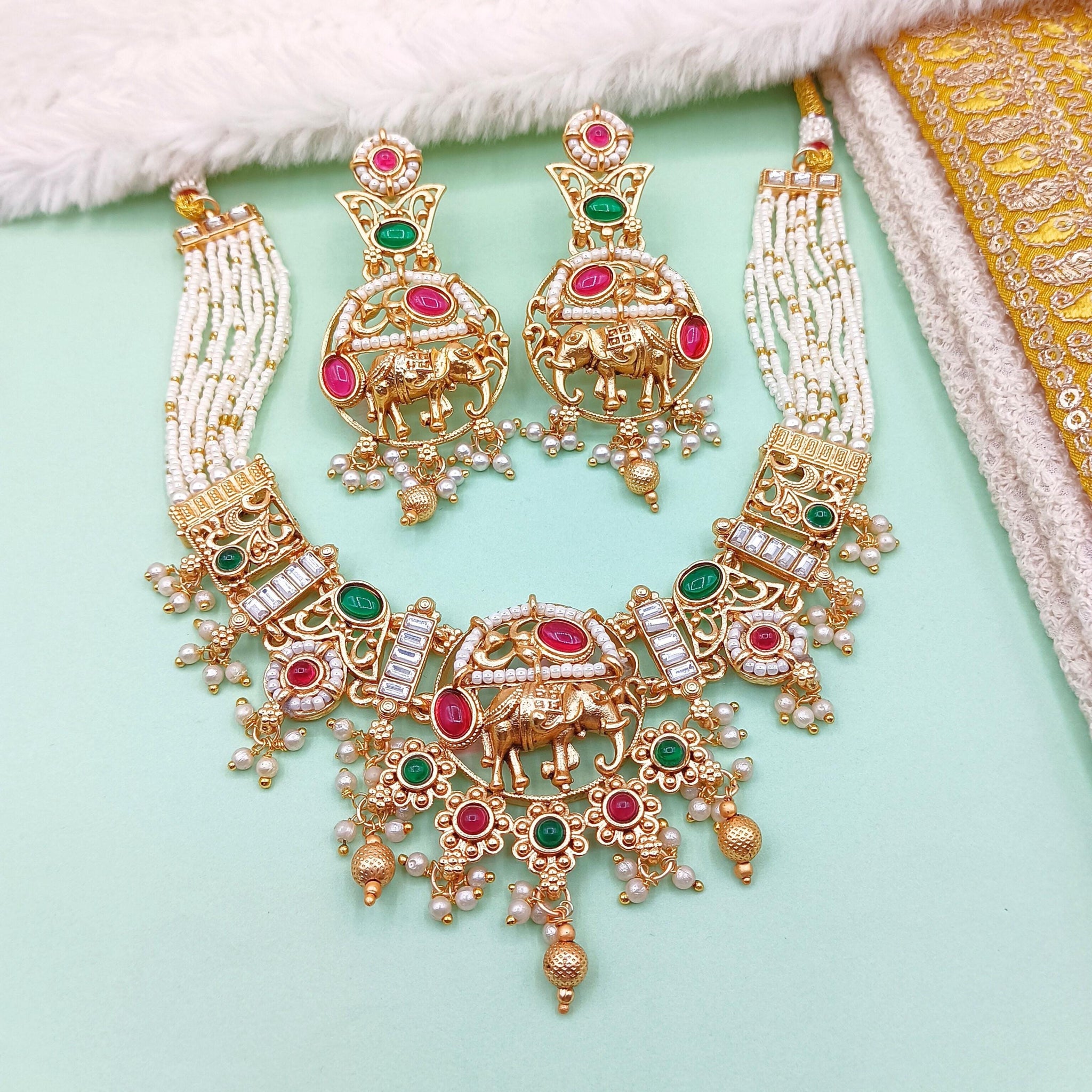 Rajputi Elephant Necklace Set: Indian Bridal Jewelry with Earrings