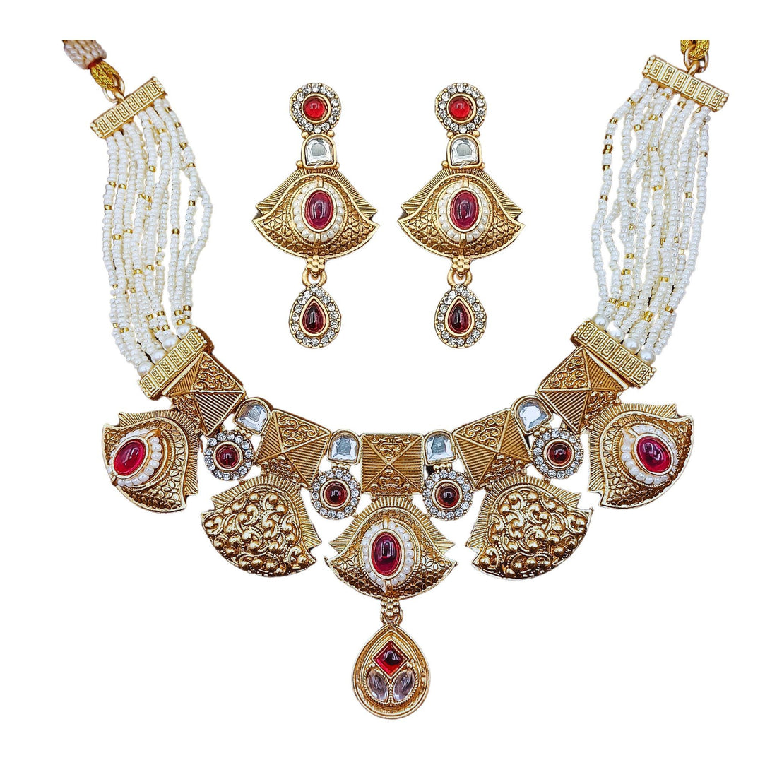 Nawabi Red Meenakari Necklace Set: Rajputi Enamel Choker Earrings