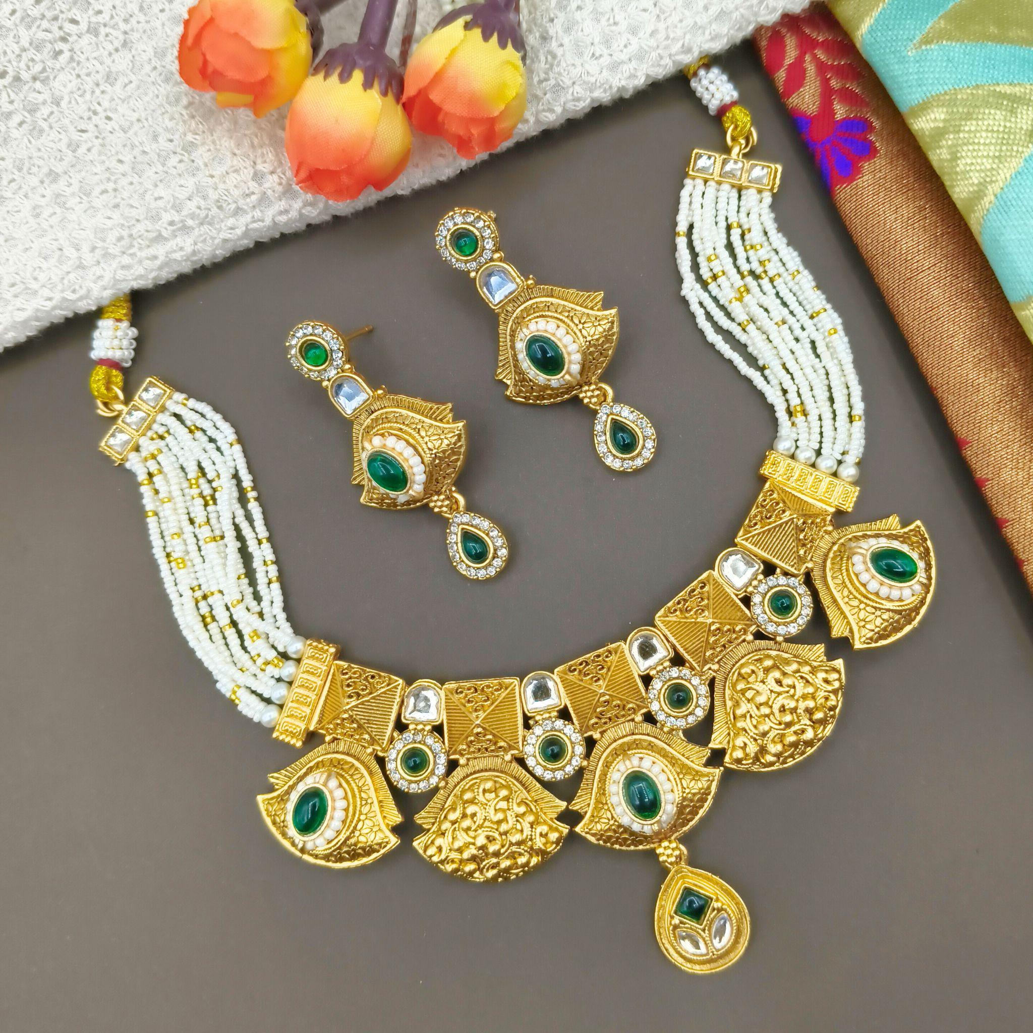 Rajputi Meenakari Necklace Set: Peacock Green Enamel Choker, Earrings