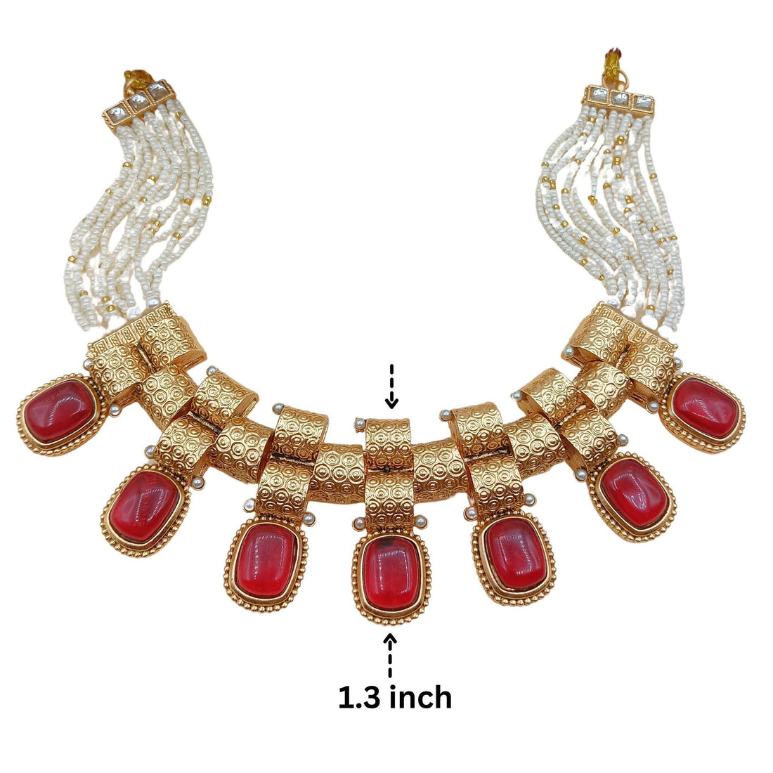 Rajwadi Necklace Set: Gold-Tone Red Stone Choker with Pearl Accents