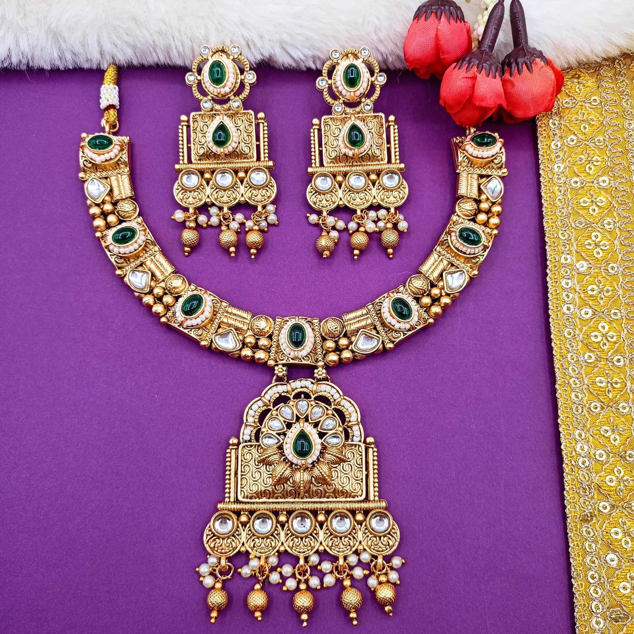 Gold Plated Temple Choker Necklace Set: Saag Green Indian Jewelry