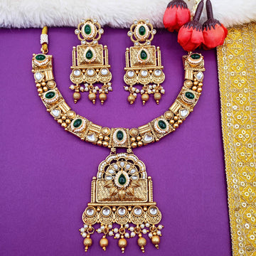Gold Plated Temple Choker Necklace Set: Saag Green Indian Jewelry