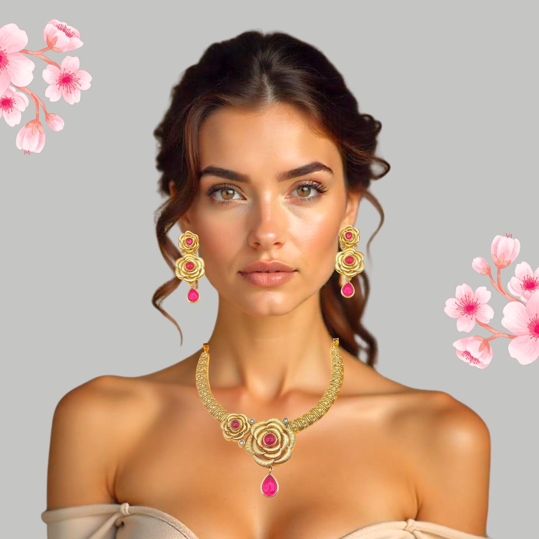 Rajwadi Hasadi Necklace | Rose Design with Green Teardrop Stones