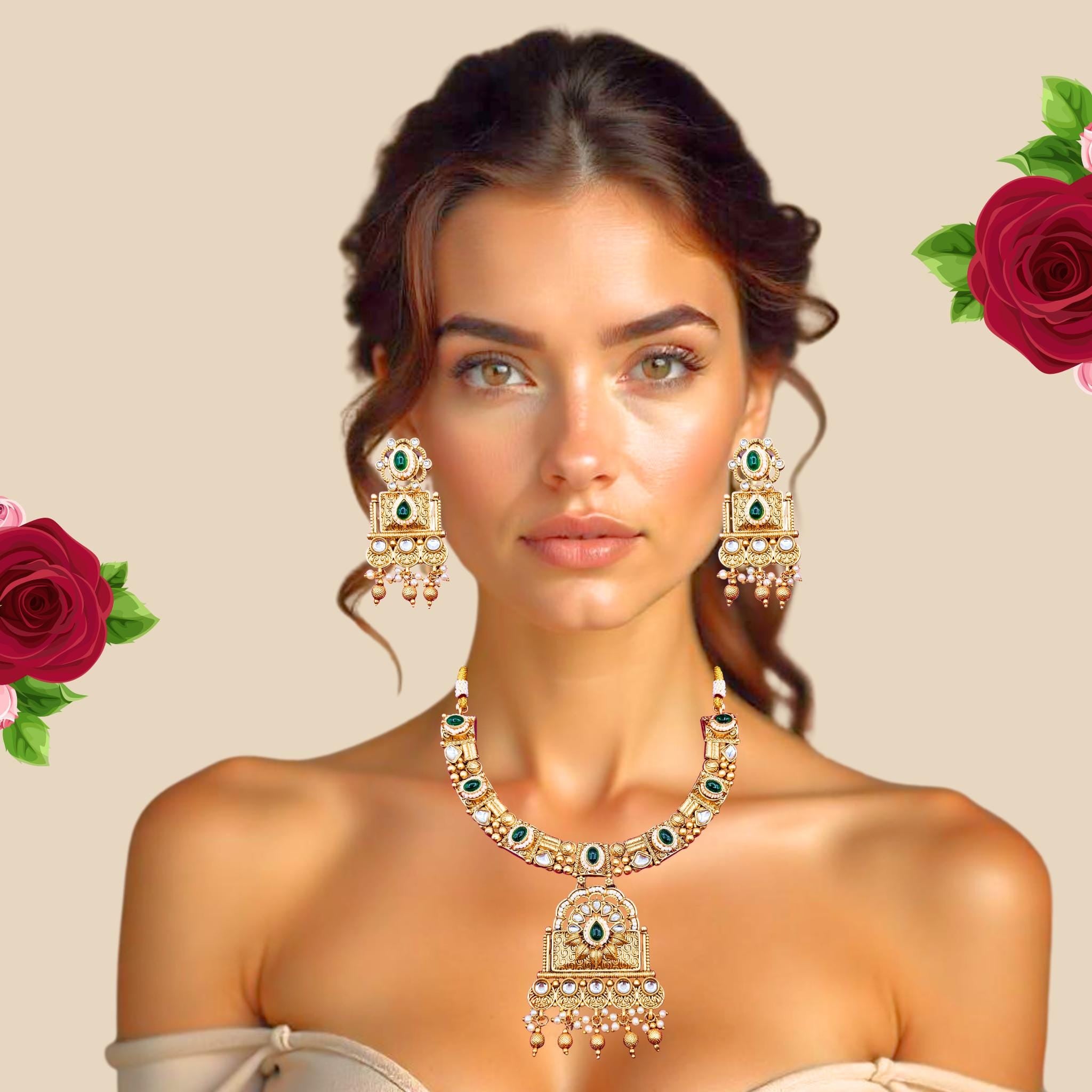 Gold Plated Temple Choker Necklace Set: Saag Green Indian Jewelry