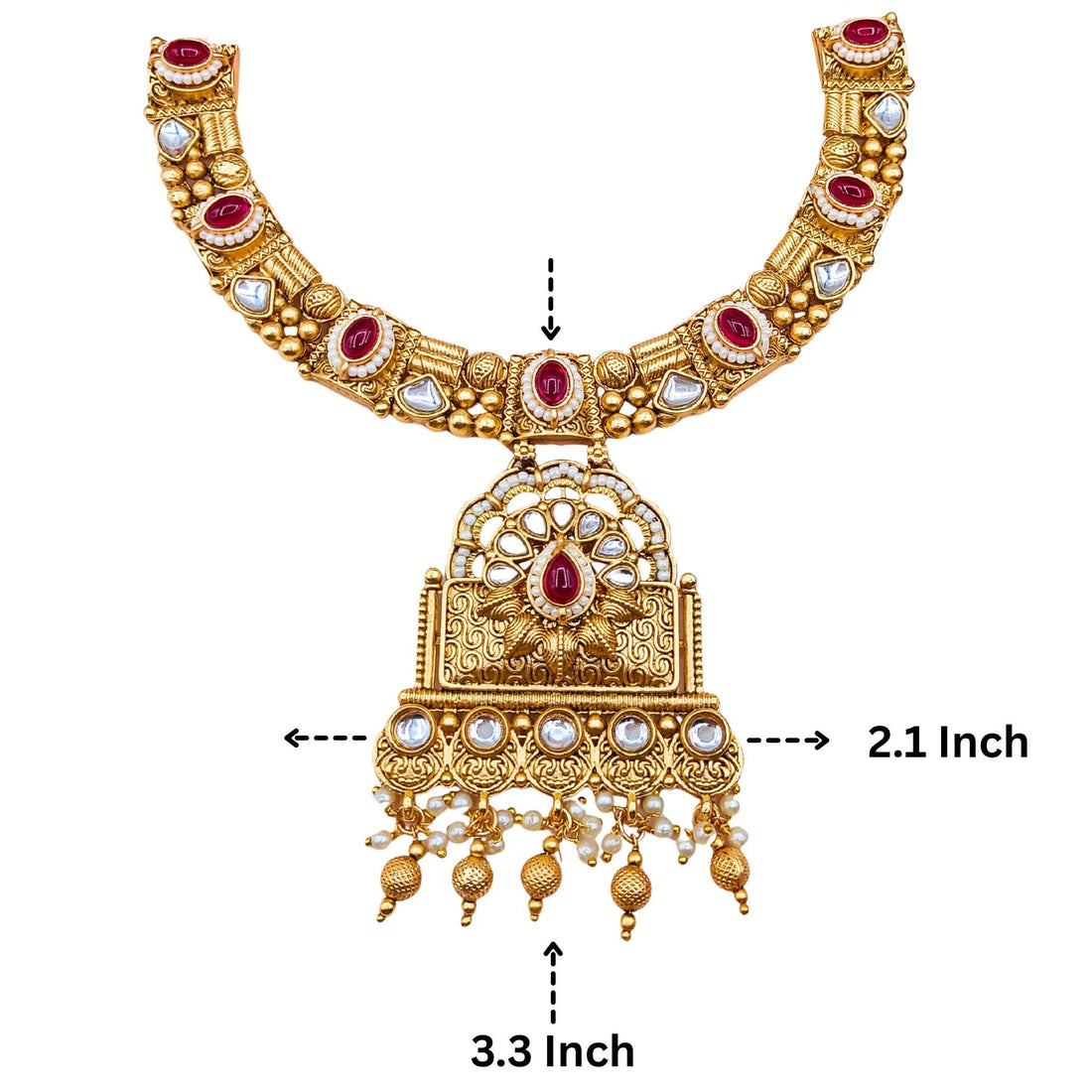 Gold Plated Temple Jewelry Necklace Set: Agni Red, Polki Stones