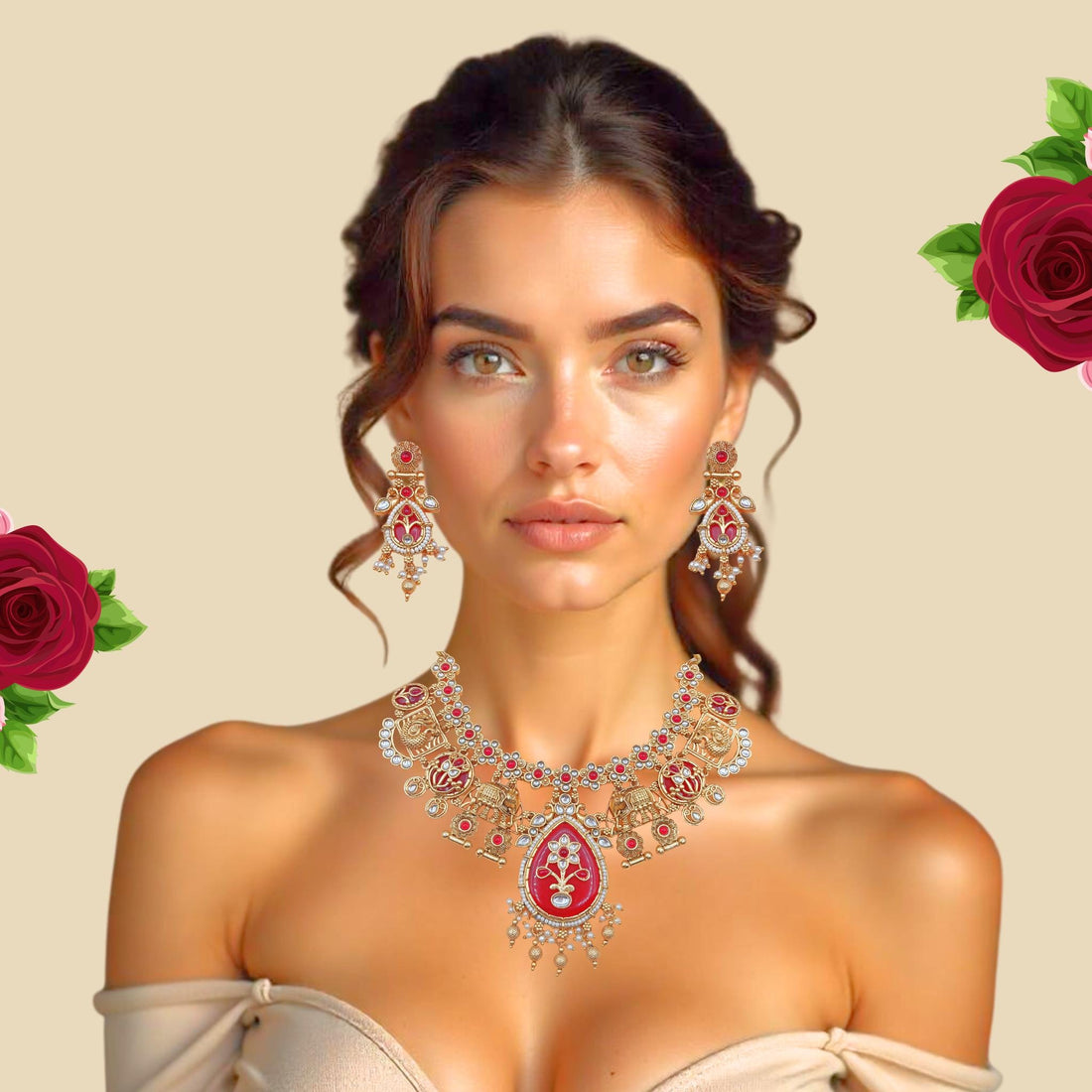 Tanisha Meenakari Necklace | Antique Gold Choker & Earrings