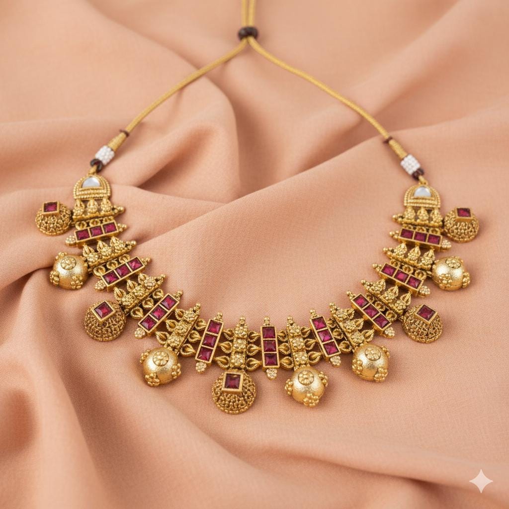 Sita-Royal Rajwadi Necklace Set- Red Alloy Indian Wedding Jewelry- Handcrafted Ethnic Wear
