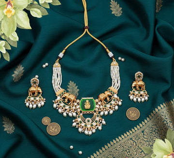 Bihari Heritage-Regal Elephant & Emerald Kundan Necklace Set