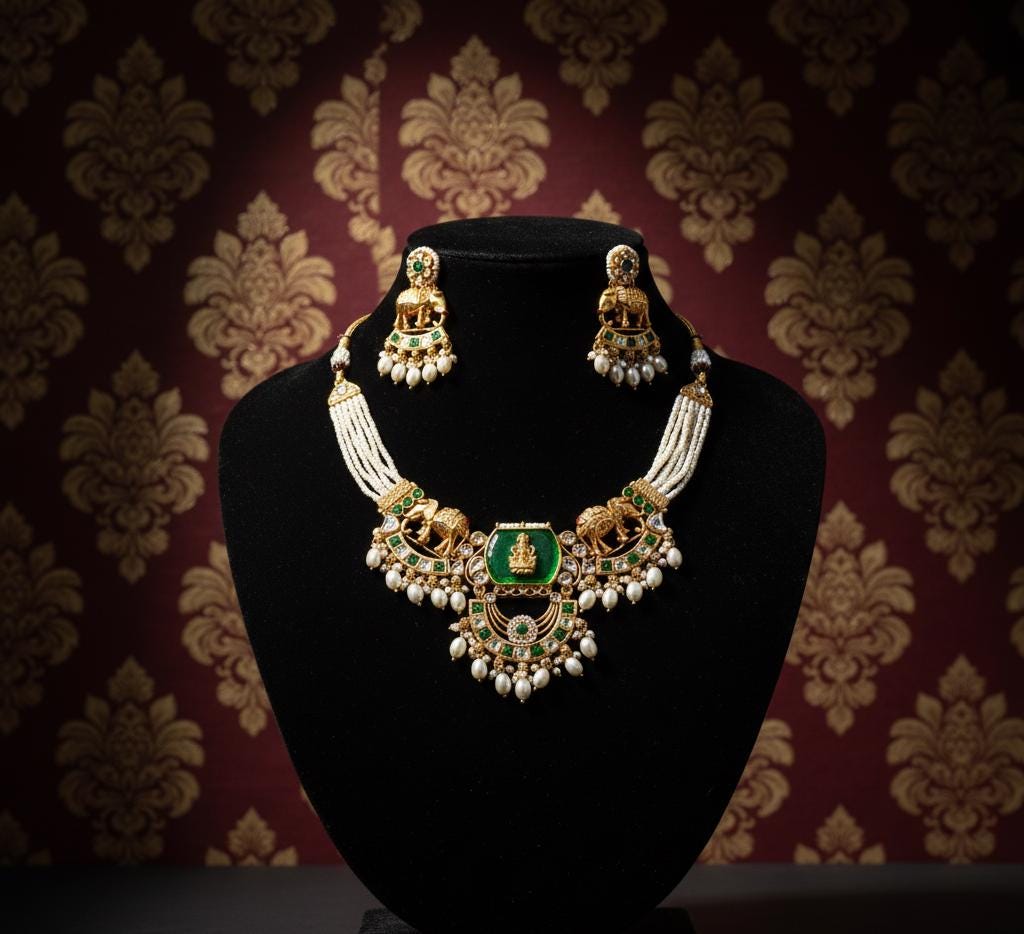 Bihari Heritage-Regal Elephant & Emerald Kundan Necklace Set