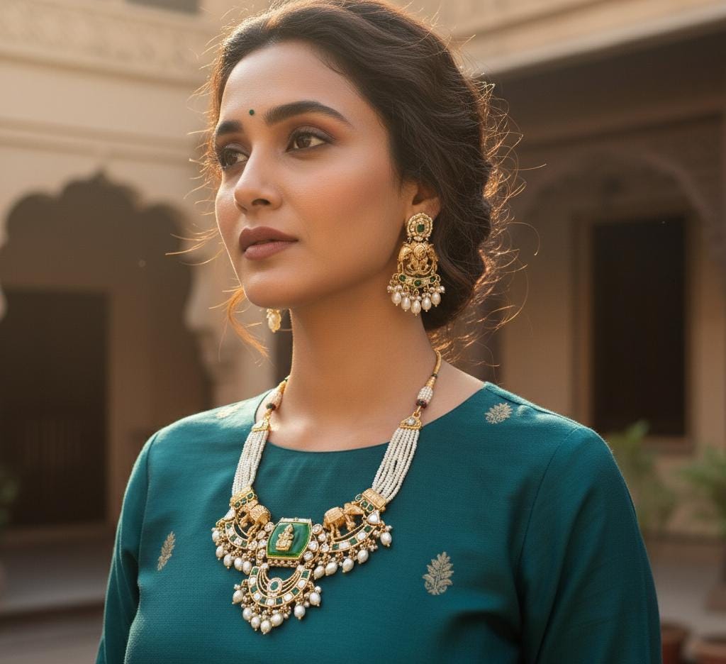 Bihari Heritage-Regal Elephant & Emerald Kundan Necklace Set