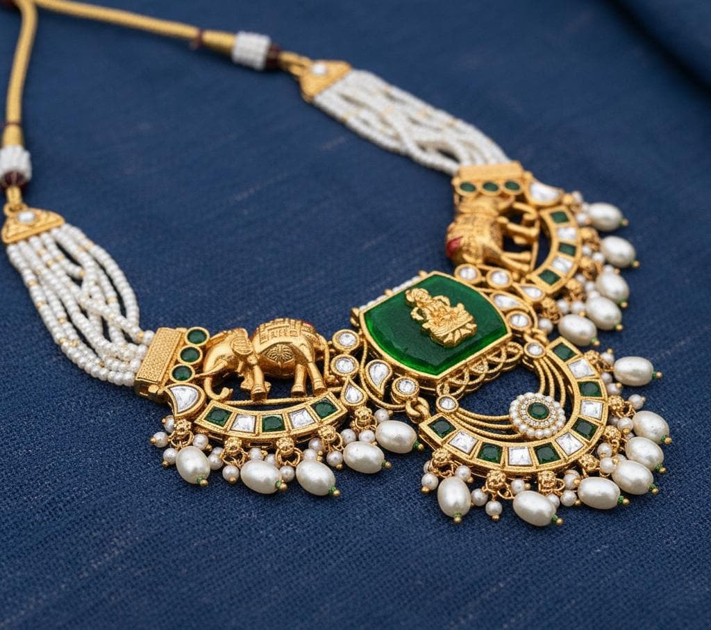 Bihari Heritage-Regal Elephant & Emerald Kundan Necklace Set