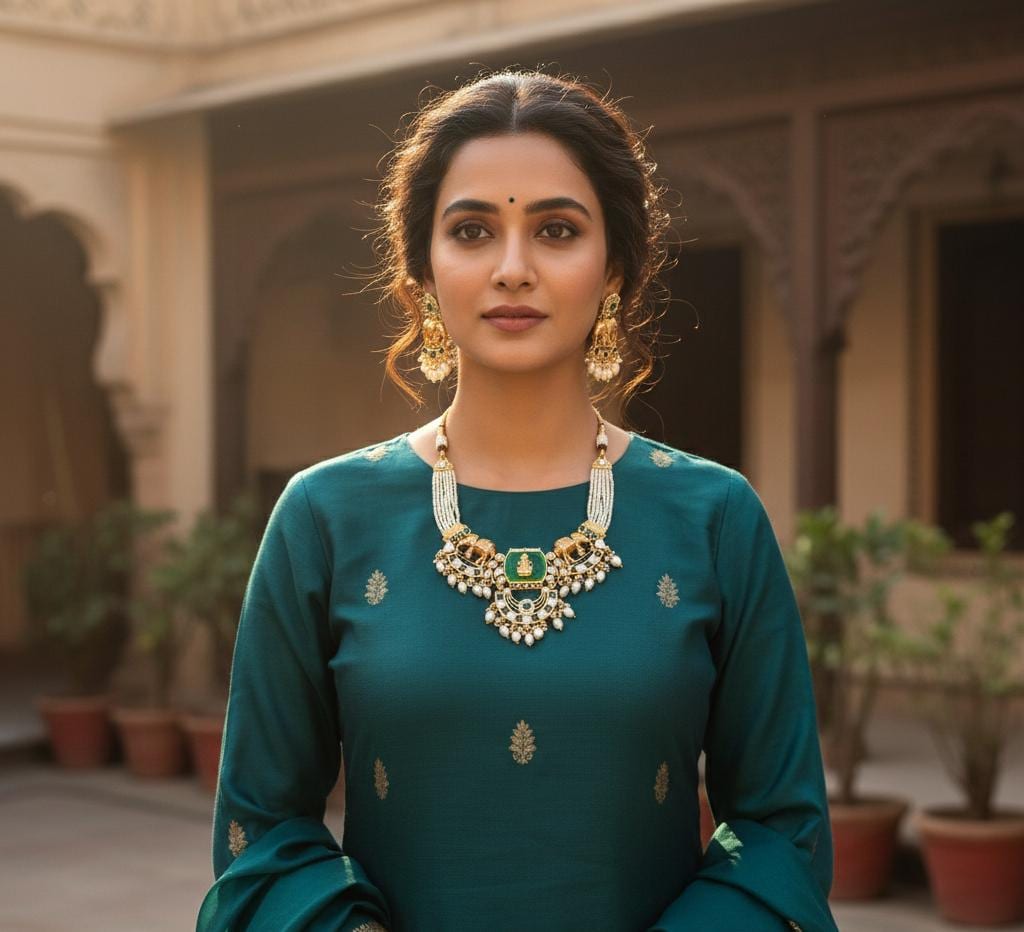 Bihari Heritage-Regal Elephant & Emerald Kundan Necklace Set