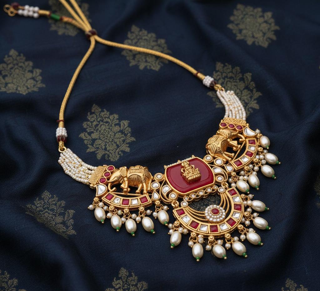 Bihari Heritage-Regal Elephant & Emerald Kundan Necklace Set